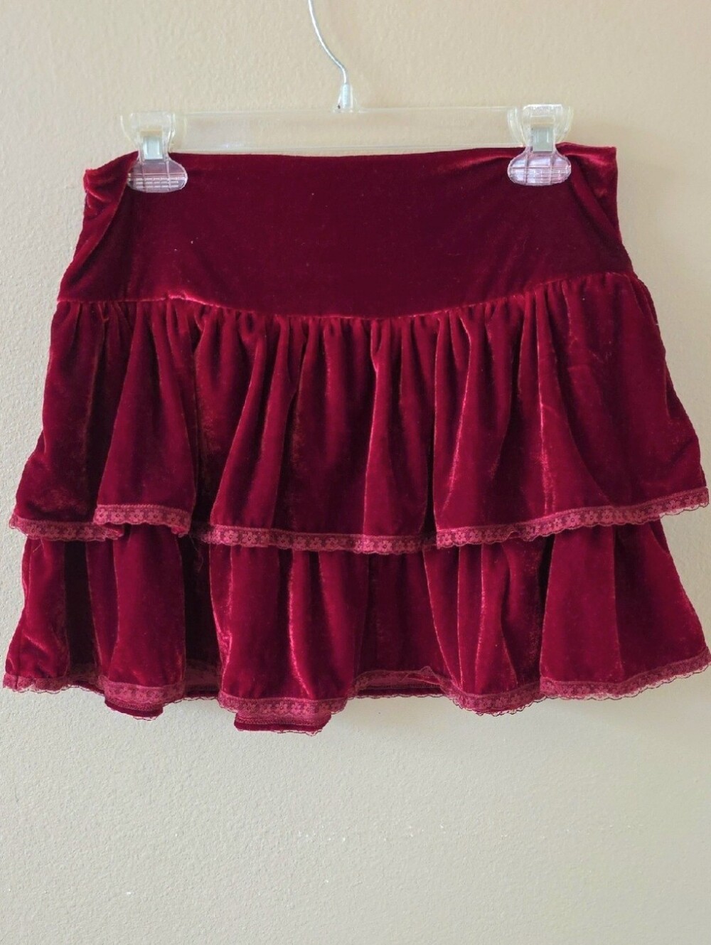 Altar'd State Red Velvet Tiered Lace Trim Mini Skirt - Size Medium